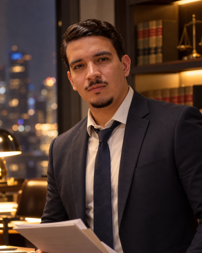 Retrato em escritório à noite, com as luzes da cidade ao fundo